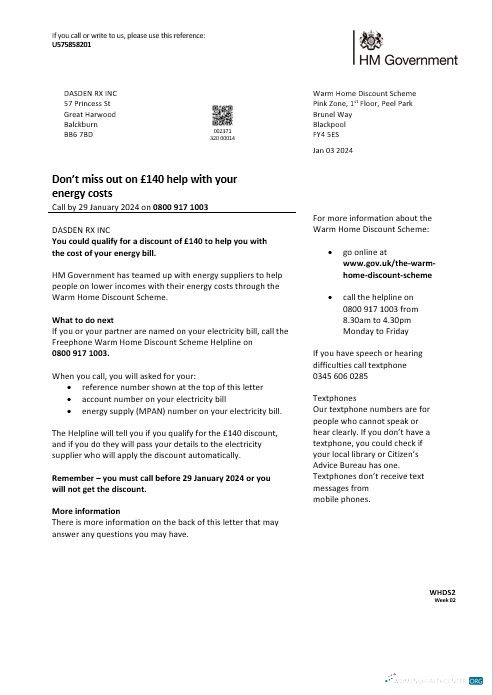 United Kingdom HM Government Warm Home Energy business utility bill template in Word and PDF formats